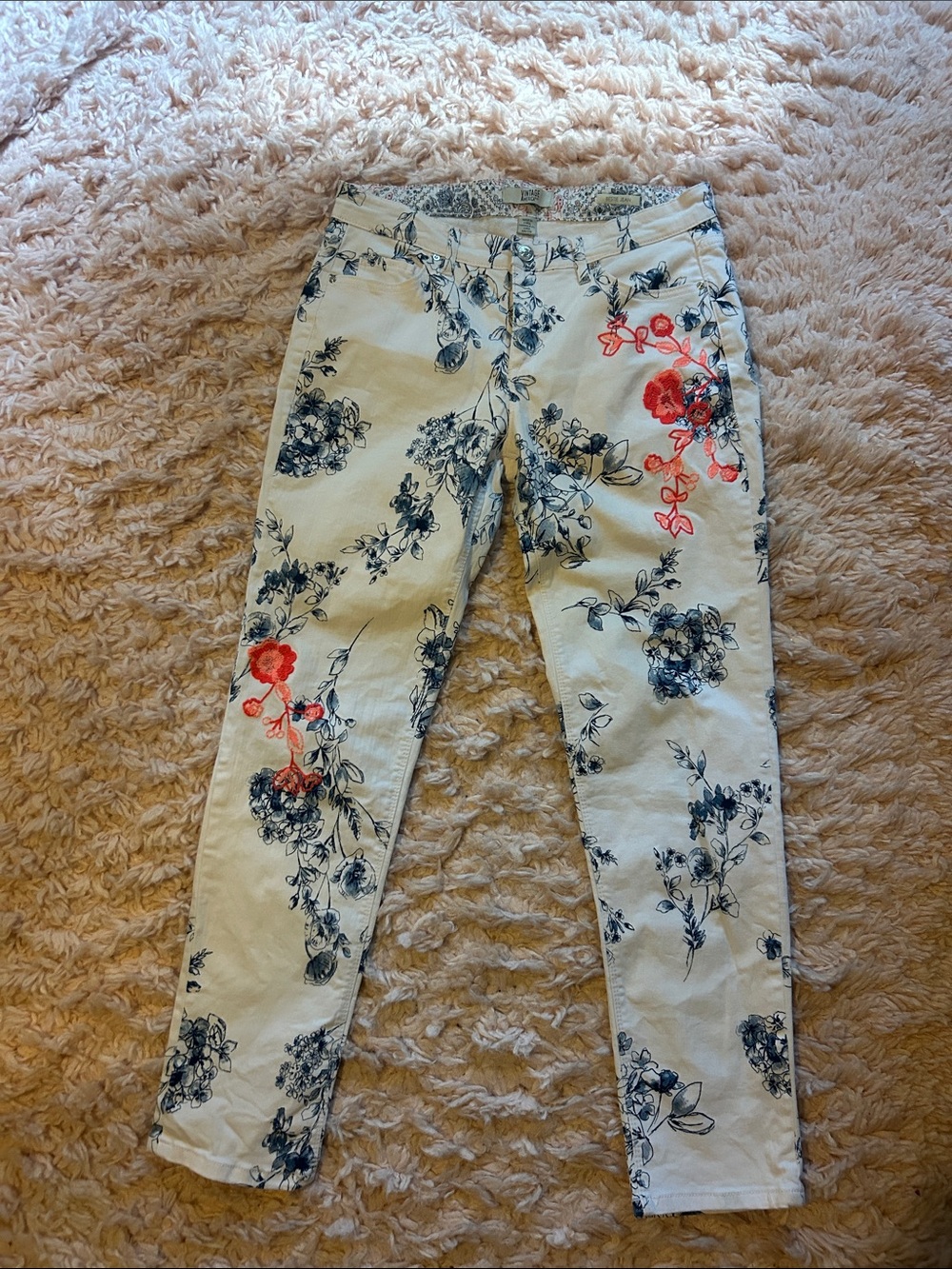 Vintage America Skinny Jeans in Cream with Navy Floral and Coral Embroidery